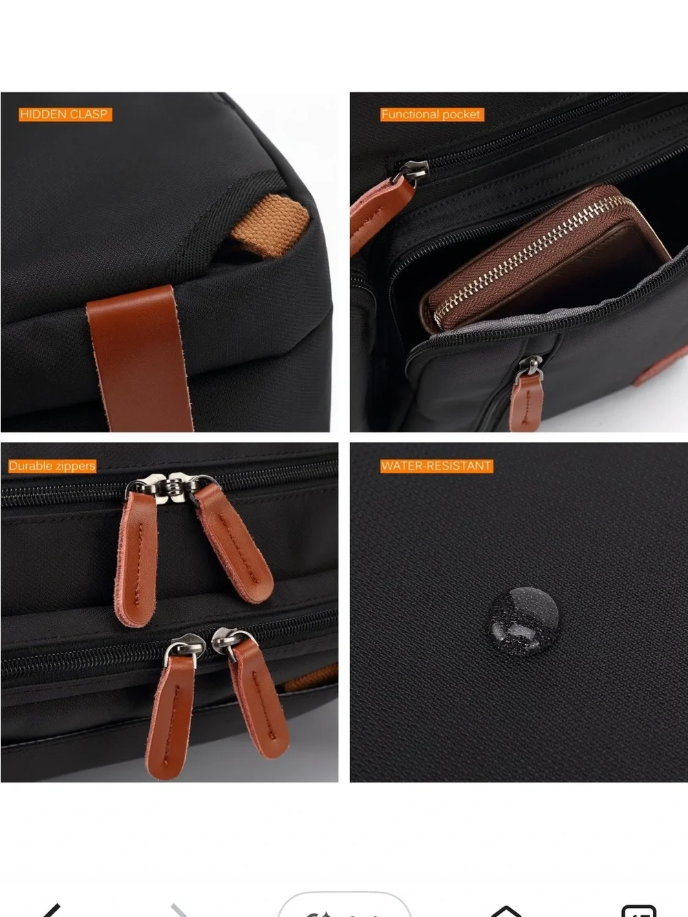 Convertible Black Briefcase Messenger Bag w/ Tan Accents hidden backpack straps
